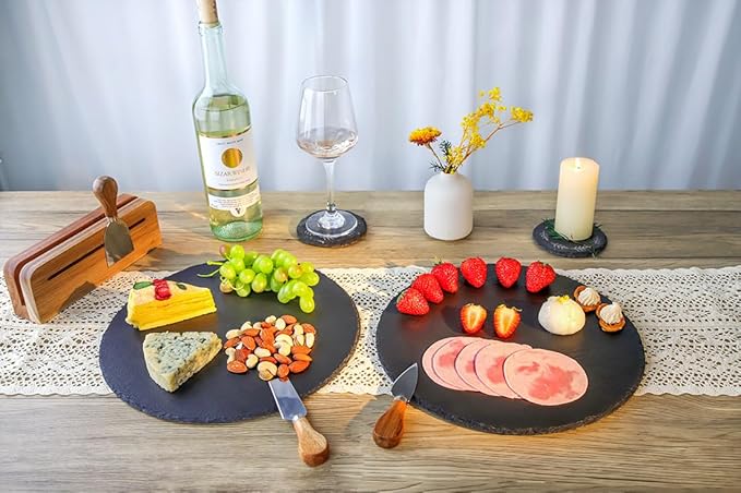 Natural Slate Cheese Charcuterie Board Set of 2, Premium Serving Platter for Charcuterie, Cheese, Appetizers | Placements Black Slate for Laser Engraving Rustic Kitchenware Entertaining 11.8in