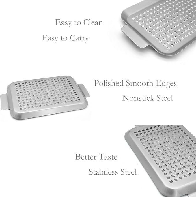 Non-Stick Stainless Steel BBQ Tray with Holes Outdoor Grilling Pans for Meat Vegetables Set of 2 (16.5" x10" and 13"x7.4")