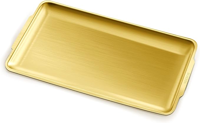 Stainless Steel Serving Tray, 15.7 x 9.4In Rectangle Gold Serving Platter with Handle, Decorative Coffee Table Plate, Ottoman Dish for Party Eating Kitchen Food Dessert BBQ (Gold)