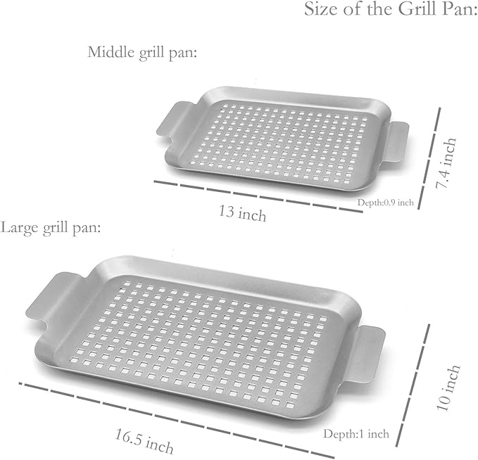 Non-Stick Stainless Steel BBQ Tray with Holes Outdoor Grilling Pans for Meat Vegetables Set of 2 (16.5" x10" and 13"x7.4")