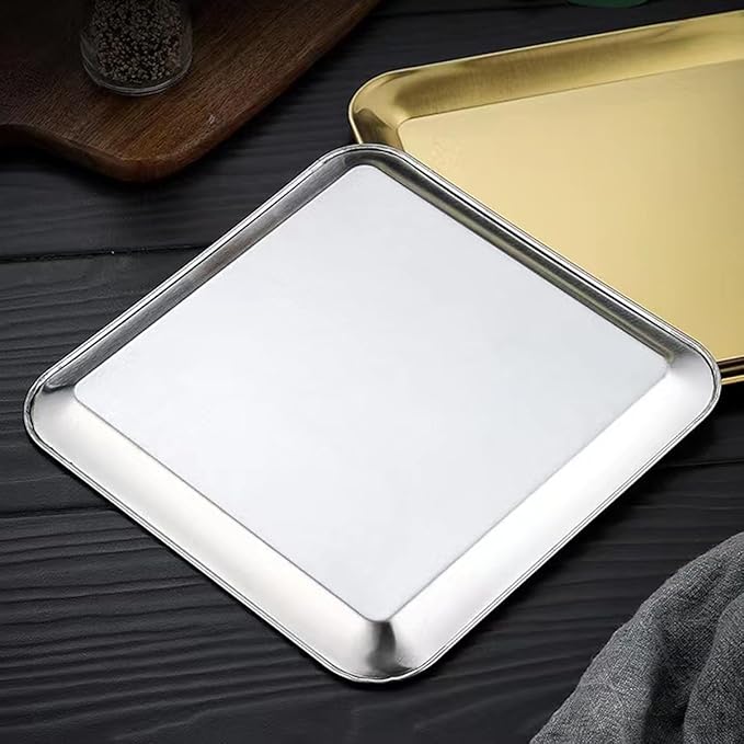 2Pcs Stainless Steel Dessert Tray Square Serving Tray Dinner Plates Serving Platters Dinner Dishes Serving Camping Plates Organizer Tray for BBQ, Party, Appetizer or Decorations, Silver