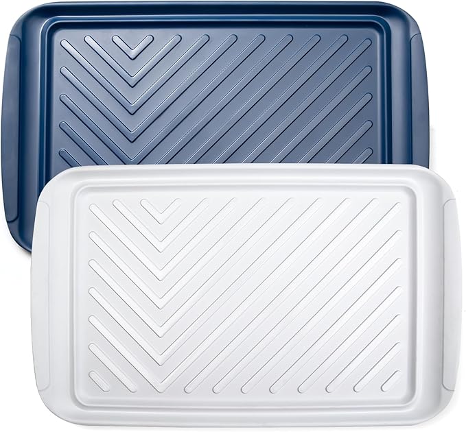 Grilling Prep and Serve Trays, BBQ Tray for Raw and Cooked Food, Food Serving Platter and plate for Outdoor Party,Large Serving Platter, Set of 2, 17.2 x 10.5'',Blue and White