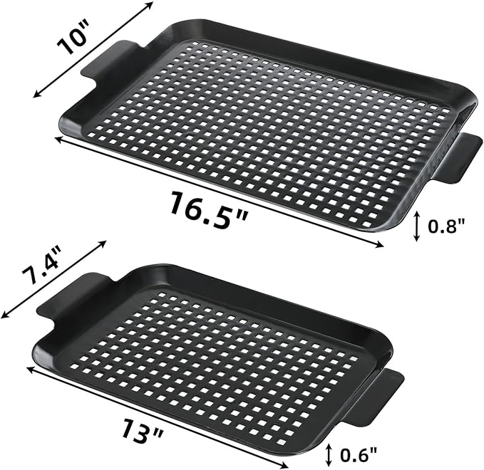 2 Pack Grill Topper Pans, Nonstick Barbecue Grilling Baskets with Perforated Bottom, Heavy Duty Carbon Steel Grilling Tray for Outdoor Cooking and Camping, Black
