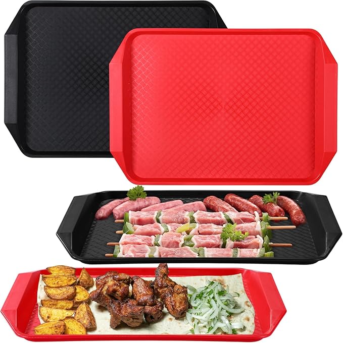 Set of 4 Grill Prep Trays 17x12 Inch Large Grill Tray for Cooking Meat Thawing Tray BBQ Serving Plastic Platter, Black Red Stackable Defrosting Grill Prep and Carry System