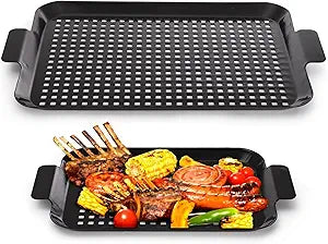 2 Pack Grill Topper Pans, Nonstick Barbecue Grilling Baskets with Perforated Bottom, Heavy Duty Carbon Steel Grilling Tray for Outdoor Cooking and Camping, Black