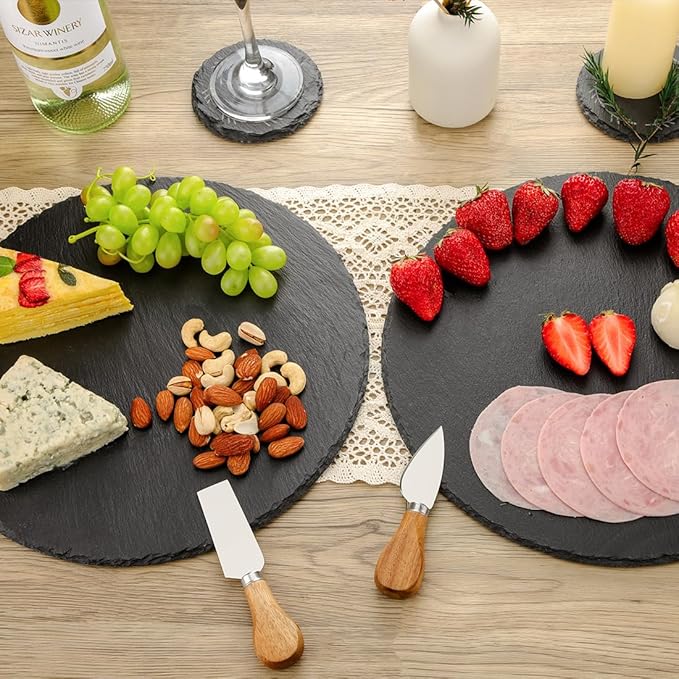 Natural Slate Cheese Charcuterie Board Set of 2, Premium Serving Platter for Charcuterie, Cheese, Appetizers | Placements Black Slate for Laser Engraving Rustic Kitchenware Entertaining 11.8in