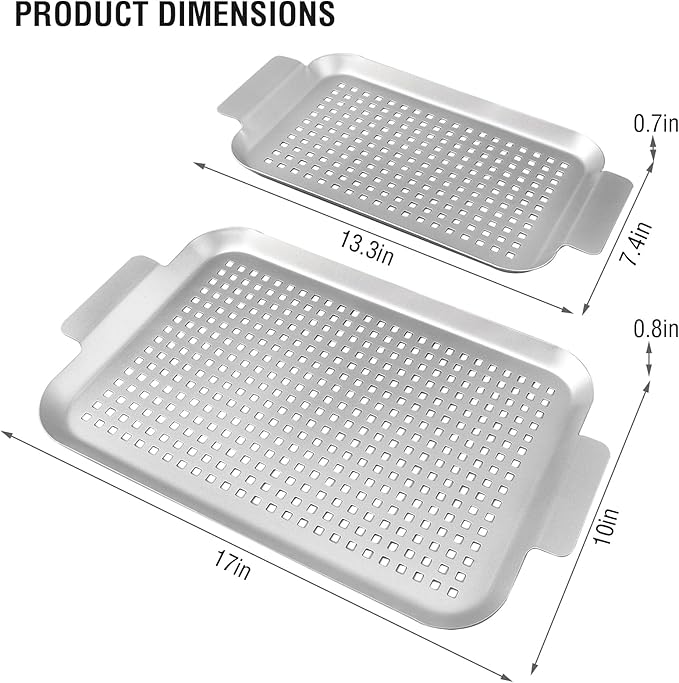 Grilling pans Set of 2, Non-Stick Barbecue Trays, 17" x10" and 13.3"x7.4" Durable Grill Pans with Holes, Metal Topper Baskets for Barbecue & Smoked Meat, Vegetables & Seafood