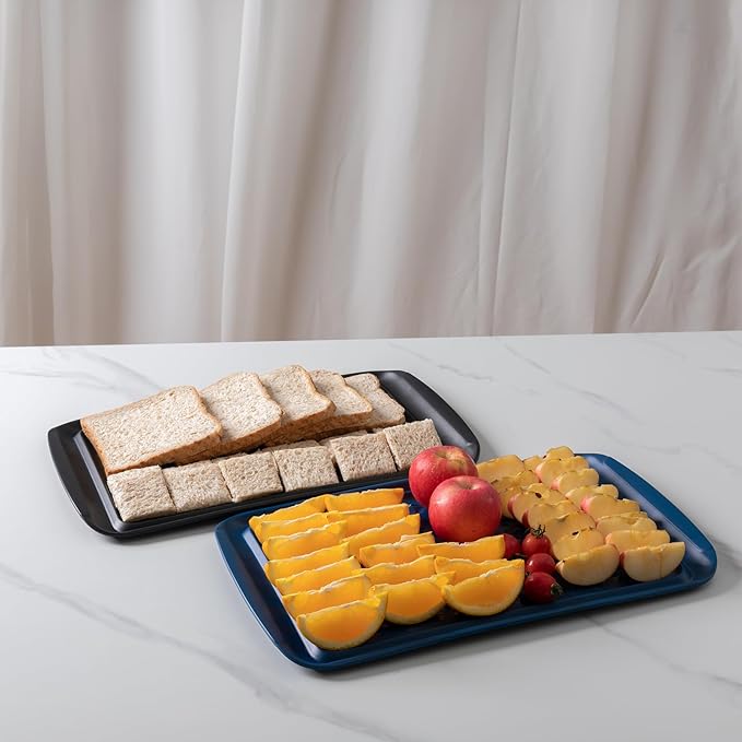 Grilling Prep and Serve Trays, Set of 2 Melamine Rectangular Serving Trays/Platters with Handle for Outdoor Parties and BBQ, Dishwasher Safe Food Tray,17''x10.5''. Blue and Black