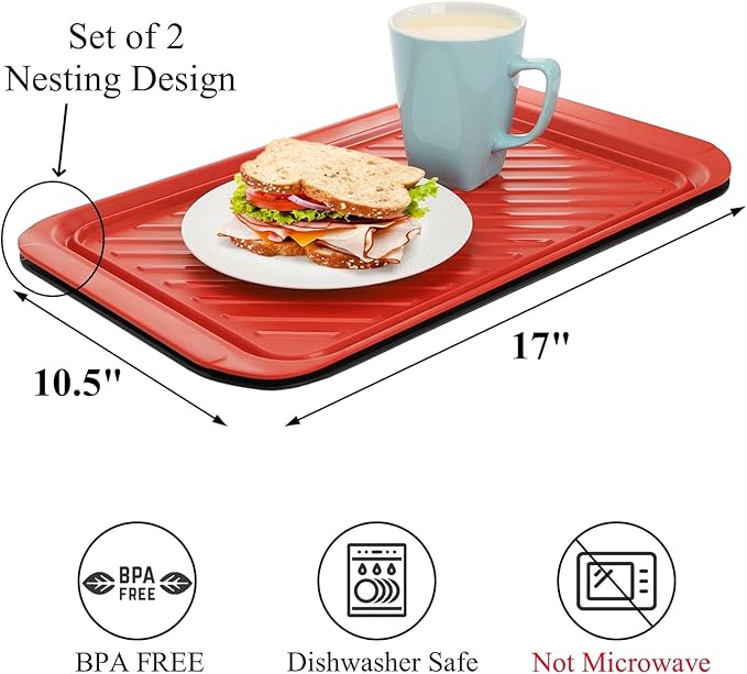 2 Pack Grilling Prep and Serve Trays, Melamine Serving Trays for Food, BBQ Platters for Cooked and Raw Meat, Outdoor, Party, Everyday Use, Dishwasher Safe, 17" L x 10.5" W, Black and Red