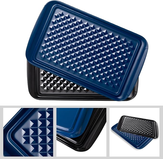 Grilling Prep and Serve Trays, Set of 2 Melamine Rectangular Serving Trays/Platters with Handle for Outdoor Parties and BBQ, Dishwasher Safe Food Tray,17''x10.5''. Blue and Black