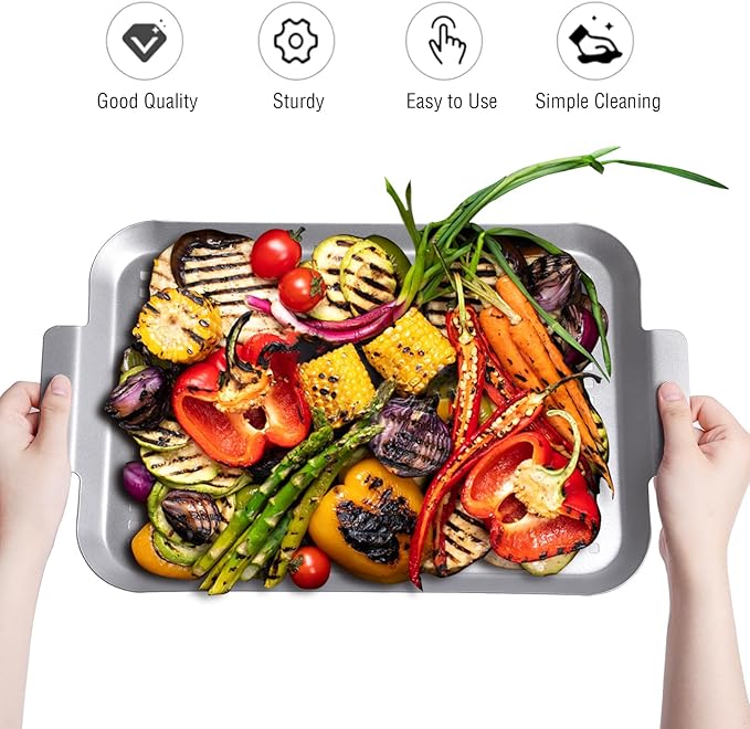 Grilling pans Set of 2, Non-Stick Barbecue Trays, 17" x10" and 13.3"x7.4" Durable Grill Pans with Holes, Metal Topper Baskets for Barbecue & Smoked Meat, Vegetables & Seafood