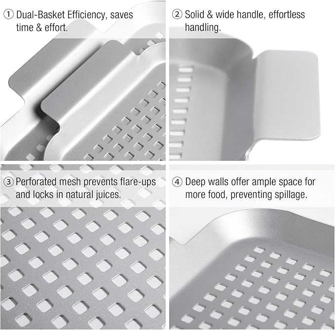 Grilling pans Set of 2, Non-Stick Barbecue Trays, 17" x10" and 13.3"x7.4" Durable Grill Pans with Holes, Metal Topper Baskets for Barbecue & Smoked Meat, Vegetables & Seafood