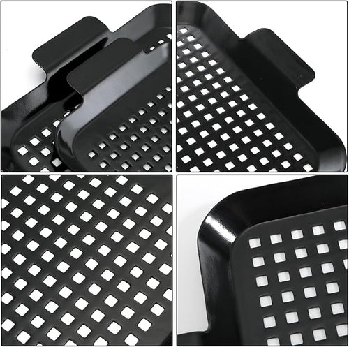2 Pack Grill Topper Pans, Nonstick Barbecue Grilling Baskets with Perforated Bottom, Heavy Duty Carbon Steel Grilling Tray for Outdoor Cooking and Camping, Black
