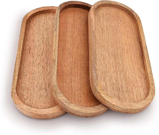 Mango Oval Wood Tray Set of 3 Perfect for Food Holder/BBQ, Serve Cheese, Sushi, Holiday Snacks, and More. (12" x 5" x 0.75")