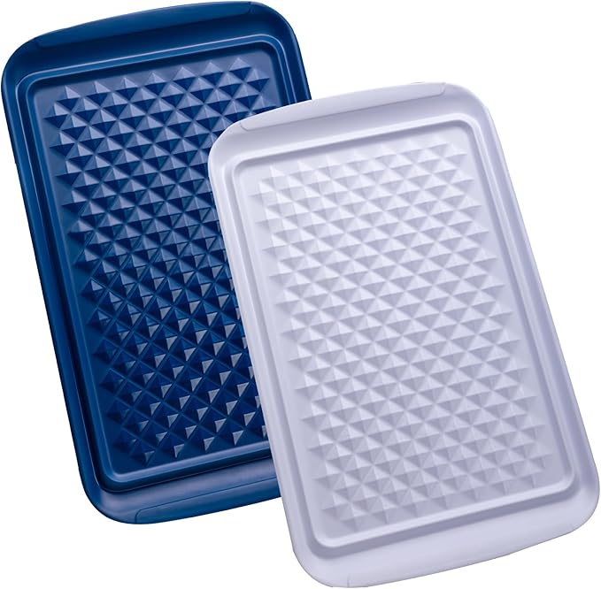 Grilling Prep Trays,  BBQ Prep and Serving Platter and Tray for Outdoor Entertaining, Food Serving Tray, Set of 2, 17" x 10.5", Blue and White