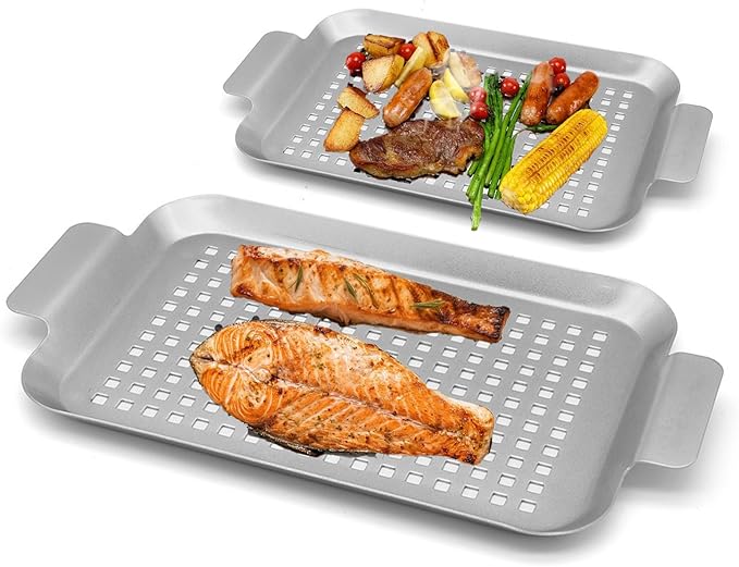 Non-Stick Stainless Steel BBQ Tray with Holes Outdoor Grilling Pans for Meat Vegetables Set of 2 (16.5" x10" and 13"x7.4")