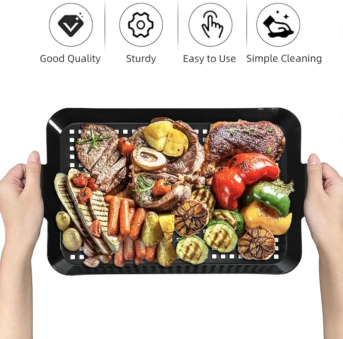 2 Pack Grill Topper Pans, Nonstick Barbecue Grilling Baskets with Perforated Bottom, Heavy Duty Carbon Steel Grilling Tray for Outdoor Cooking and Camping, Black