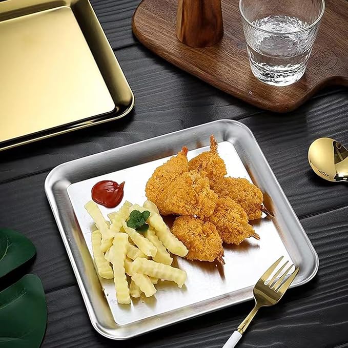 2Pcs Stainless Steel Dessert Tray Square Serving Tray Dinner Plates Serving Platters Dinner Dishes Serving Camping Plates Organizer Tray for BBQ, Party, Appetizer or Decorations, Silver