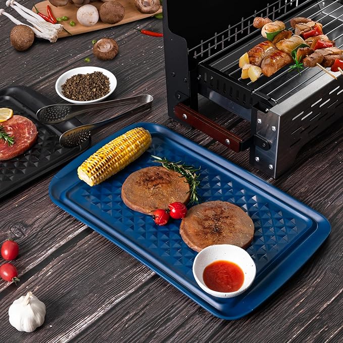 Grilling Prep and Serve Trays, Set of 2 Melamine Rectangular Serving Trays/Platters with Handle for Outdoor Parties and BBQ, Dishwasher Safe Food Tray,17''x10.5''. Blue and Black