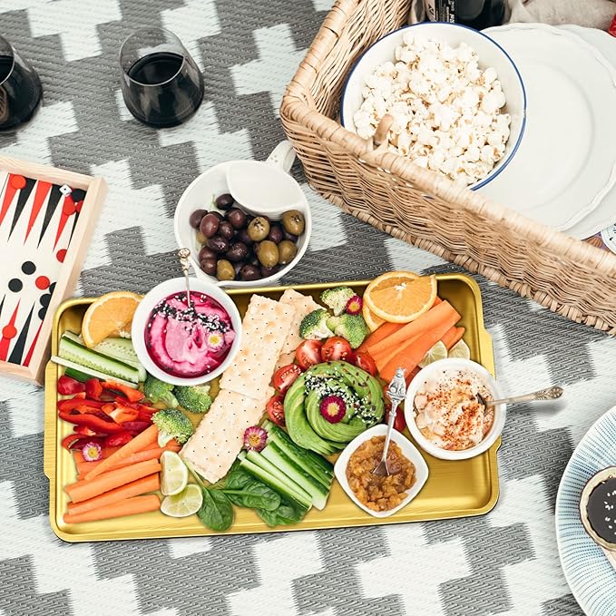 Stainless Steel Serving Tray, 15.7 x 9.4In Rectangle Gold Serving Platter with Handle, Decorative Coffee Table Plate, Ottoman Dish for Party Eating Kitchen Food Dessert BBQ (Gold)