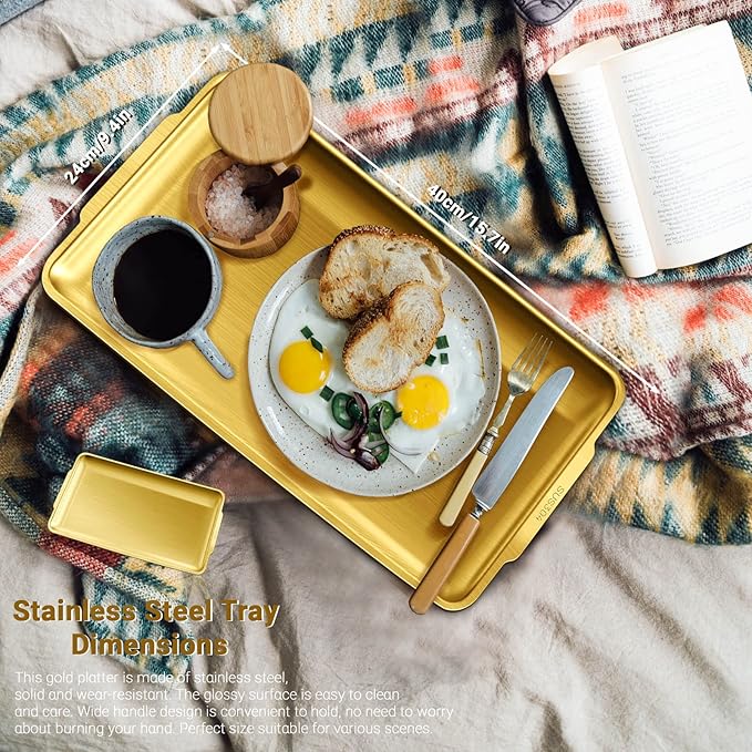 Stainless Steel Serving Tray, 15.7 x 9.4In Rectangle Gold Serving Platter with Handle, Decorative Coffee Table Plate, Ottoman Dish for Party Eating Kitchen Food Dessert BBQ (Gold)