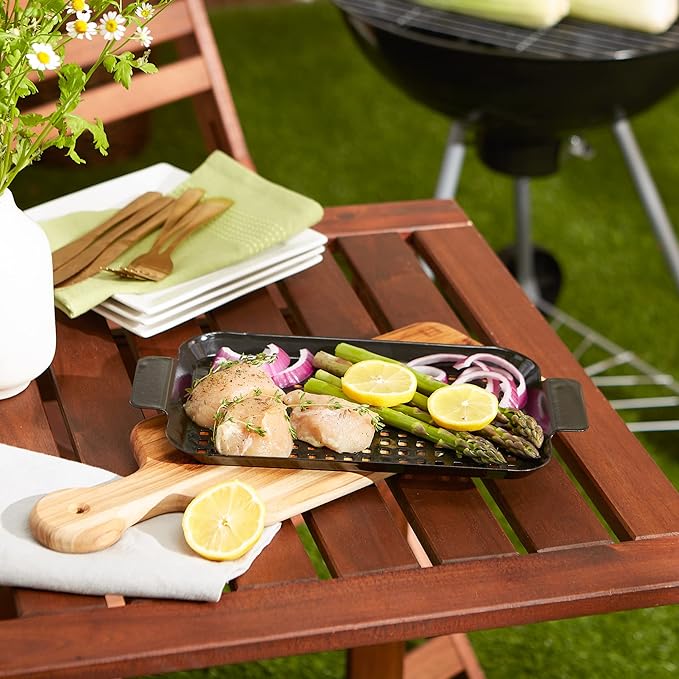 Porcelain Coated Steel BBQ Grill Tray/Pan, Outdoor Barbeque Grilling Accessories for Cooking Fish & Vegetables, Dishwasher Safe, Small, 13x7.25