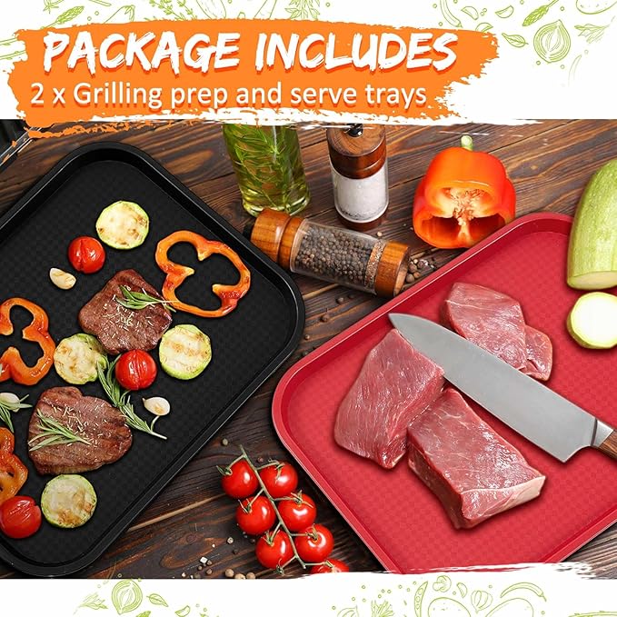 Set of 2 Large Grilling Prep and Serve Trays 18 x 14 Inch BBQ Platters Black Red Trays for Serving Food Raw and Cooked Food Grill Carry System BBQ Accessories Gift for Men