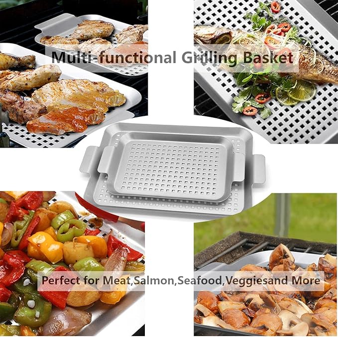 Non-Stick Stainless Steel BBQ Tray with Holes Outdoor Grilling Pans for Meat Vegetables Set of 2 (16.5" x10" and 13"x7.4")