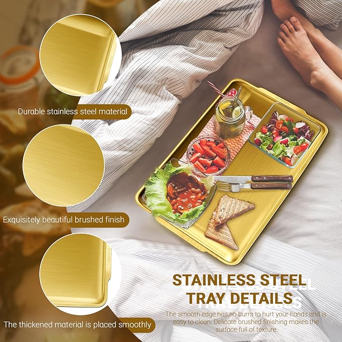 Stainless Steel Serving Tray, 15.7 x 9.4In Rectangle Gold Serving Platter with Handle, Decorative Coffee Table Plate, Ottoman Dish for Party Eating Kitchen Food Dessert BBQ (Gold)