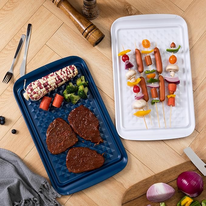 Grilling Prep Trays,  BBQ Prep and Serving Platter and Tray for Outdoor Entertaining, Food Serving Tray, Set of 2, 17" x 10.5", Blue and White