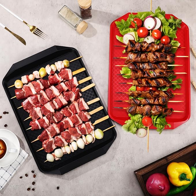 Set of 4 Grill Prep Trays 17x12 Inch Large Grill Tray for Cooking Meat Thawing Tray BBQ Serving Plastic Platter, Black Red Stackable Defrosting Grill Prep and Carry System