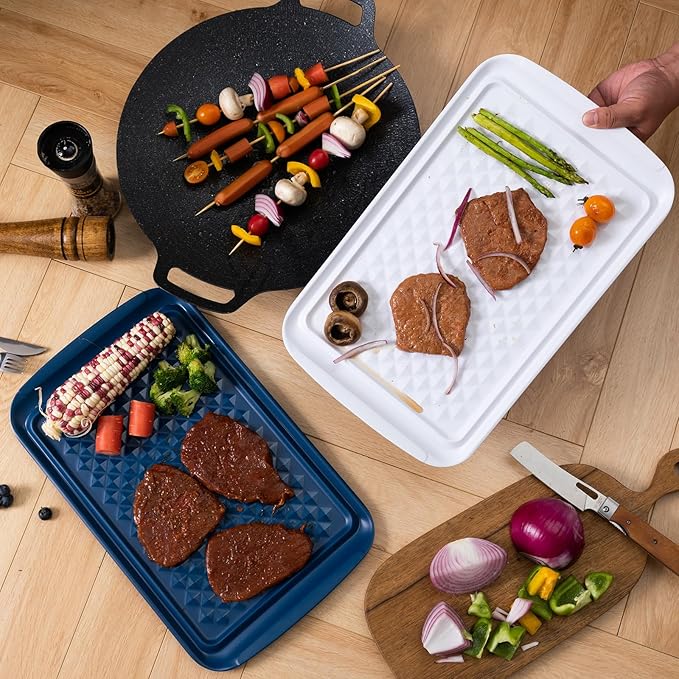 Grilling Prep Trays,  BBQ Prep and Serving Platter and Tray for Outdoor Entertaining, Food Serving Tray, Set of 2, 17" x 10.5", Blue and White