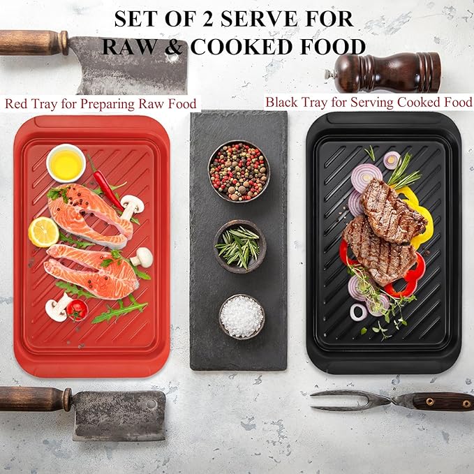 2 Pack Grilling Prep and Serve Trays, Melamine Serving Trays for Food, BBQ Platters for Cooked and Raw Meat, Outdoor, Party, Everyday Use, Dishwasher Safe, 17" L x 10.5" W, Black and Red