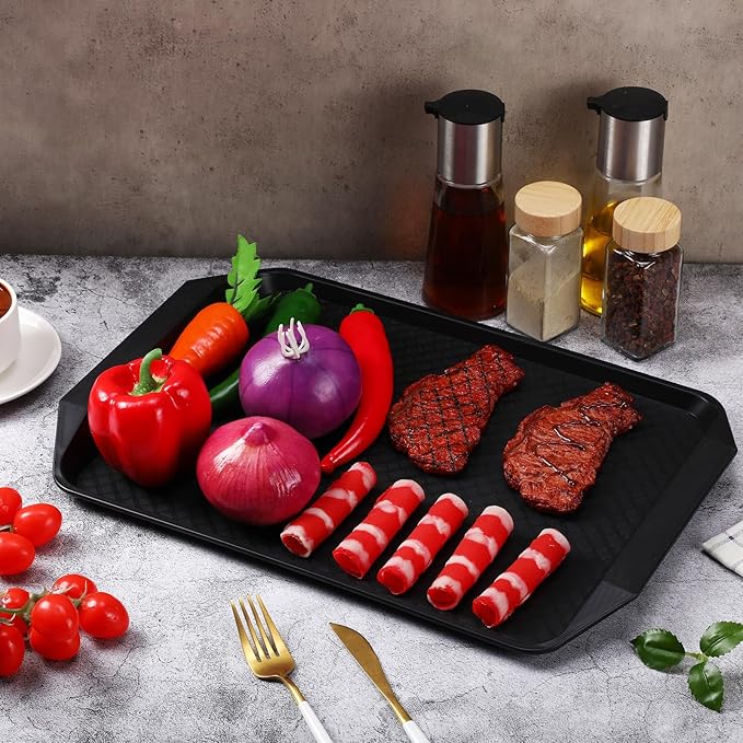 Set of 4 Grill Prep Trays 17x12 Inch Large Grill Tray for Cooking Meat Thawing Tray BBQ Serving Plastic Platter, Black Red Stackable Defrosting Grill Prep and Carry System