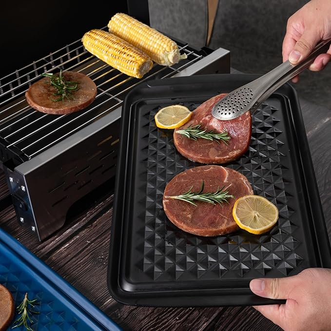 Grilling Prep and Serve Trays, Set of 2 Melamine Rectangular Serving Trays/Platters with Handle for Outdoor Parties and BBQ, Dishwasher Safe Food Tray,17''x10.5''. Blue and Black