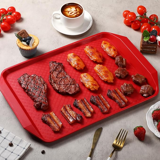 Set of 4 Grill Prep Trays 17x12 Inch Large Grill Tray for Cooking Meat Thawing Tray BBQ Serving Plastic Platter, Black Red Stackable Defrosting Grill Prep and Carry System