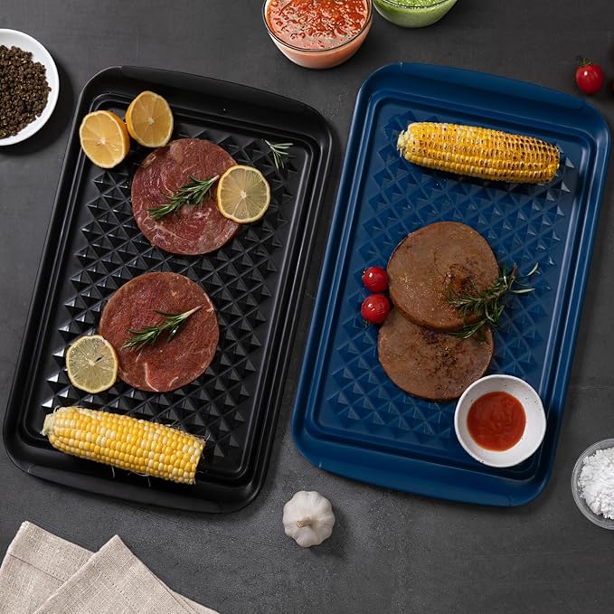 Grilling Prep and Serve Trays, Set of 2 Melamine Rectangular Serving Trays/Platters with Handle for Outdoor Parties and BBQ, Dishwasher Safe Food Tray,17''x10.5''. Blue and Black