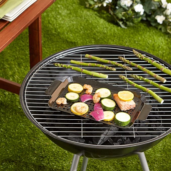 Porcelain Coated Steel BBQ Grill Tray/Pan, Outdoor Barbeque Grilling Accessories for Cooking Fish & Vegetables, Dishwasher Safe, Small, 13x7.25