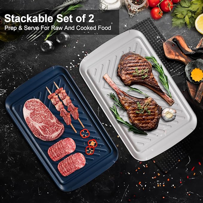 Grilling Prep and Serve Trays, BBQ Tray for Raw and Cooked Food, Food Serving Platter and plate for Outdoor Party,Large Serving Platter, Set of 2, 17.2 x 10.5'',Blue and White